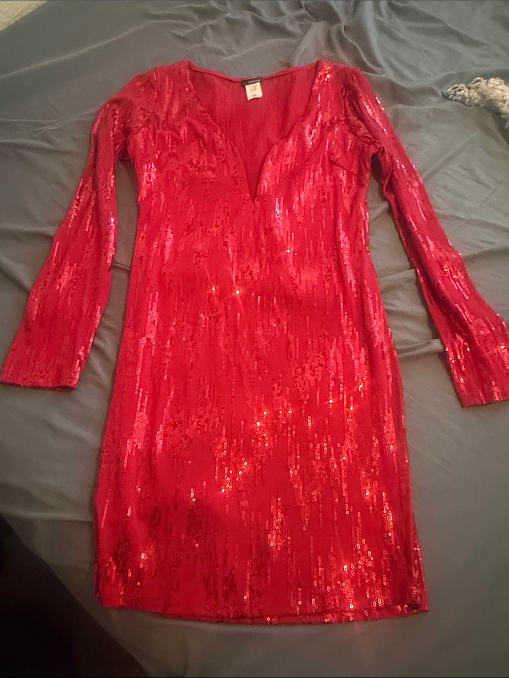 Red Sequin Long-Sleeve V-Neck Cocktail Dress